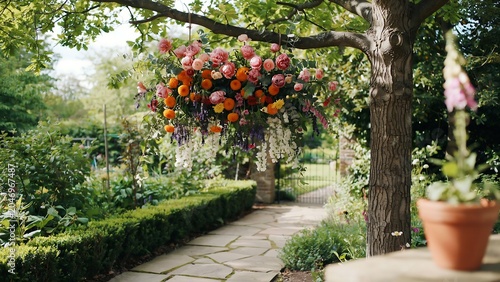 Vibrant floral arrangement hanging from tree branch in lush garden pathway