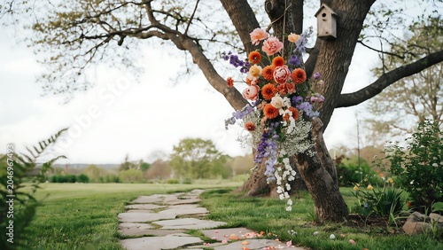 Vibrant flowers adorn tree beside stone pathway in serene garden
