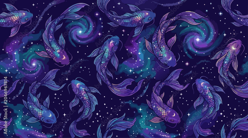 Obraz premium Seamless Pattern of Celestial Koi Fish Swimming in a Cosmic Galaxy with Swirling Nebulae, Stars, and Mystical Purple and Blue Lighting, AI Generated Illustration