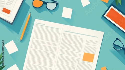 Workspace with Open Newspaper Glasses Pen and Plants on Bright Blue Desk