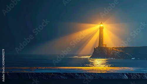 Lighthouse Illuminating Coastline at Night with Bright Beams