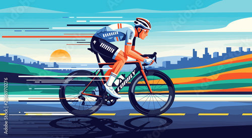 Dynamic Illustration of a Cyclist in Motion on a Road with a Cityscape and Sunburst in the Background