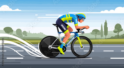 Cyclist in racing gear speeding down a road on a bicycle with motion blur effects and trees in the background