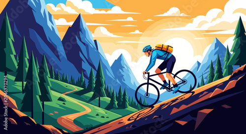 Mountain Biking Adventure in a Serene Alpine Landscape with a Cyclist Ascending a Scenic Trail at Sunrise