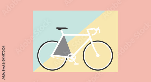 Minimalist illustration of a white bicycle with a grey triangle on a pastel background divided into two sections