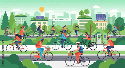Eco-friendly cityscape with people cycling and electric charging stations promoting sustainable urban living