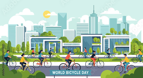 Diverse individuals cycle through a modern, green city landscape, celebrating an active, eco-friendly lifestyle and fostering community connection under bright skies