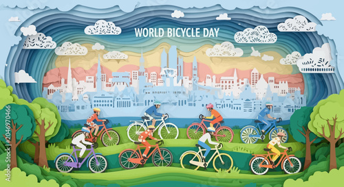 Vibrant paper-cut illustration depicting diverse cyclists enjoying a communal ride through a picturesque city, promoting active living and global cycling celebration