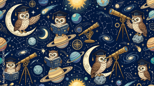 Seamless Pattern of Whimsical Scholarly Owls in Outer Space with Telescopes, Books, and Planets, Vintage Illustration Style, AI Generated Background for Education and Astronomy