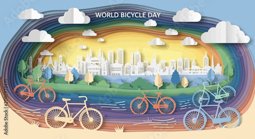 Dynamic paper craft illustration celebrating the joy of cycling, showcasing a collection of bicycles against a picturesque city skyline and vibrant layered landscapes