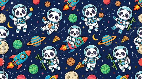Seamless Pattern of Cute Panda Astronauts Floating in Outer Space with Rockets, Planets, Stars, Pizza, and Cookies, Playful Cartoon Illustration for Kids Fabric and Wallpaper, AI Generated