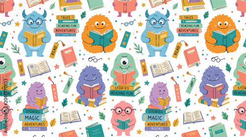 Seamless Pattern of Cute Colorful Monsters Reading Books, Educational Cartoon Characters with Eyeglasses and Bookmarks, Whimsical Vector Illustration for Kids, AI Generated
