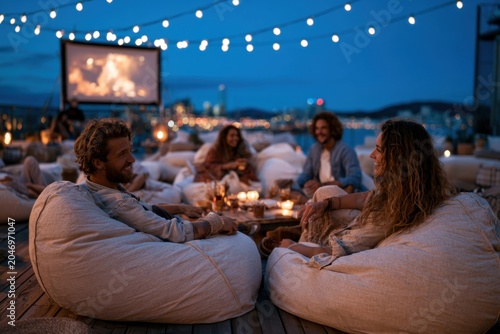 Friends Relaxing on Beanbags at an Outdoor Rooftop Cinema Under String Lights