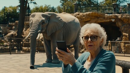 Elderly woman using her phone while watching the elephant at zoo