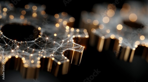 Gold mechanical gears connected by glowing digital network lines with soft bokeh light effects on dark background