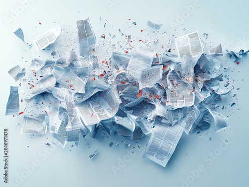 Crumpled Newspapers with Red Paint Splatters on Light Background