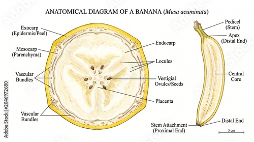 Comprehensive Botanical Illustration of Banana Anatomy, Presenting Labeled Internal Structures in Cross-Section and Longitudinal Views, Ideal for Educational Reference