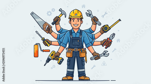 A colorful flat vector illustration of a skilled handyman or construction worker holding multiple tools.