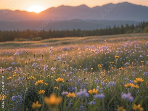 Beautiful meadow with wild flowers at sunset with mountains