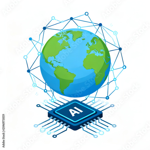 An illustration depicting a global artificial intelligence network with a central AI chip connected to the world.