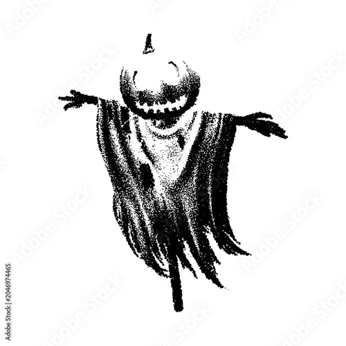 Obraz na plátně Spooky scarecrow with a pumpkin head, tattered clothing, and a sinister grin, ha
