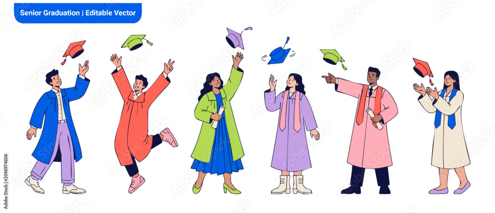 Εκτύπωση καμβά Graduation student vector character illustration set of diverse happy graduates