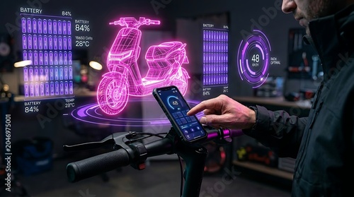 Electric scooter diagnostics with augmented reality interface showing battery status and performance metrics