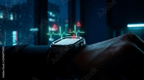 Futuristic smartwatch displaying a glowing holographic heartbeat monitor with warning alerts in a dark urban environment