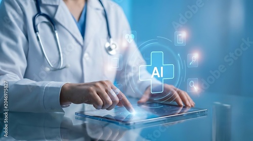 Doctor using digital tablet with ai medical technology interface