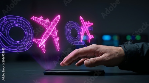 Holographic projection of airplanes and airport runways above a smartphone screen
