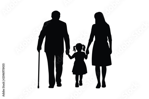 Black silhouette of family with child holding hands