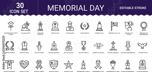 Photos Set of thirty flat line icons for memorial day featuring patriotic remembrance elements