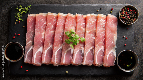 Raw Pork Slices with Seasoning on Dark Background Food Preparation