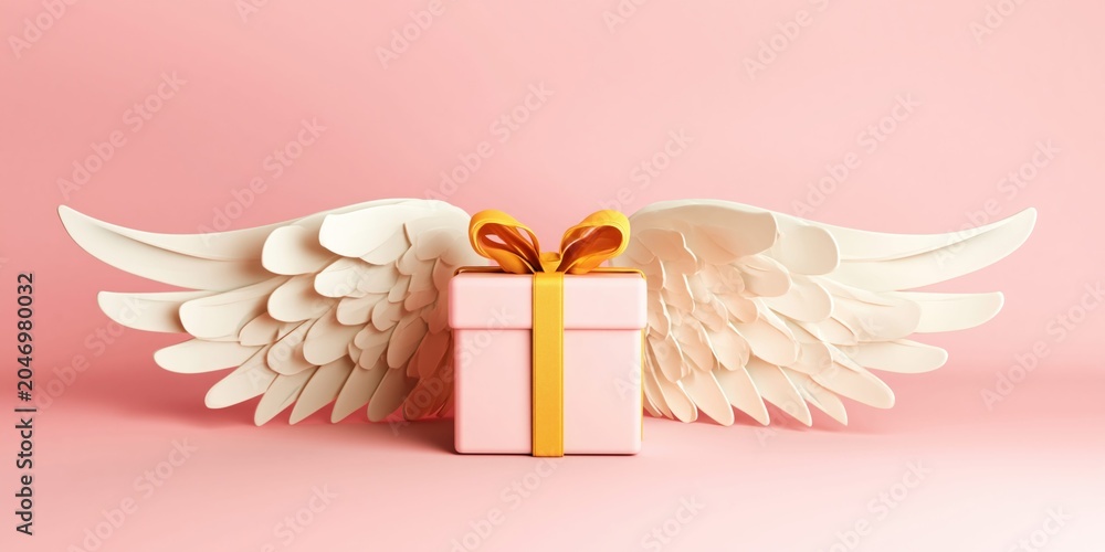 Naklejka premium Pastel pink gift box with golden ribbon and delicate white angel wings