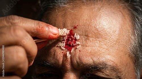 Close up of traditional tika ritual on forehead with rice and vermilion