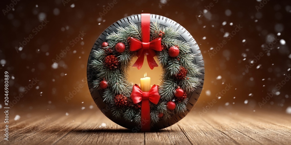 Fototapeta premium Unique Christmas wreath made from a car tire with festive decorations and a candle