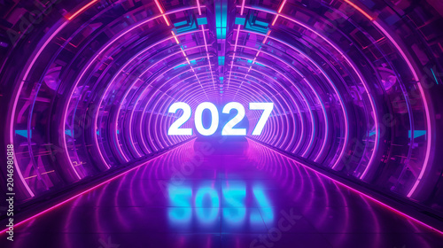 Bright 2027 text inside a futuristic spaceship tunnel with purple and pink neon lights