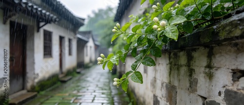 Rainy alley with jasmine plant