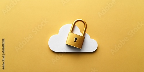 Golden padlock securing a white cloud icon on a yellow background, symbolizing data privacy