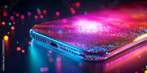 Glowing Smartphone With Neon Lights and Abstract Digital Technology Background