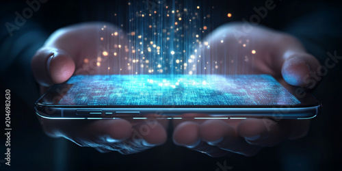 Hands Holding Smartphone With Digital Data Stream