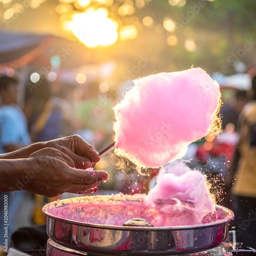 A hand holding pink cotton candy on a stick