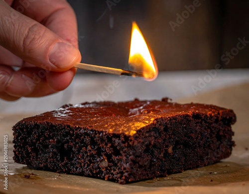 A hand holding a lit match near a chocolate cake