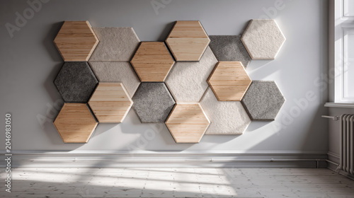 Hexagon wood panel wall interior, acoustic decor modern design living room sunlight shadow pattern calm
