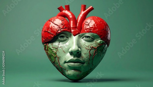 A heart with a human face and visible blood vessels