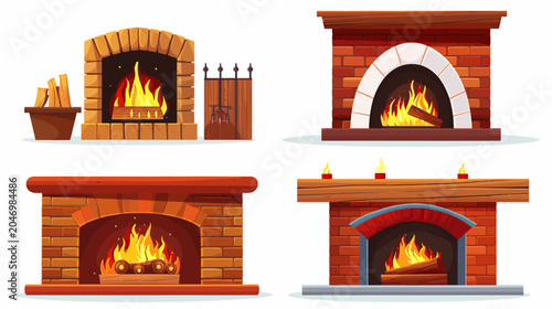 Collection of four brick fireplaces with burning wood and flame, isolated on white