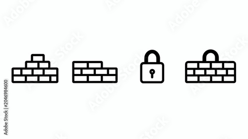 Four bold black outline icons depicting walls and security; a locked padlock icon stands out