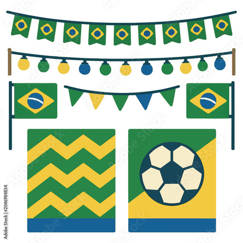 Brazilian flag elements and soccer ball for sports and celebration