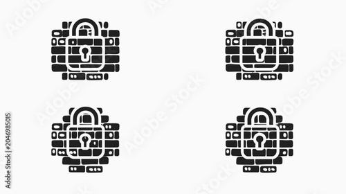 Four stylized locks sit on brickwork in black and white, implying security and access