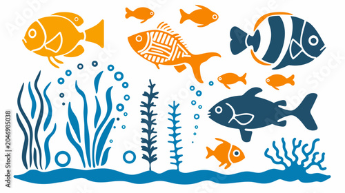 Stylized graphic illustration of fish swimming in an underwater environment with sea plants